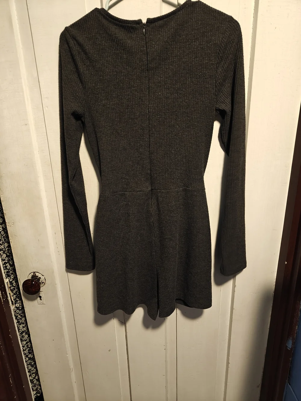 Urban Outfitters Dark Charcoal Ribbed Tie-Waist Long Sleeve Romper